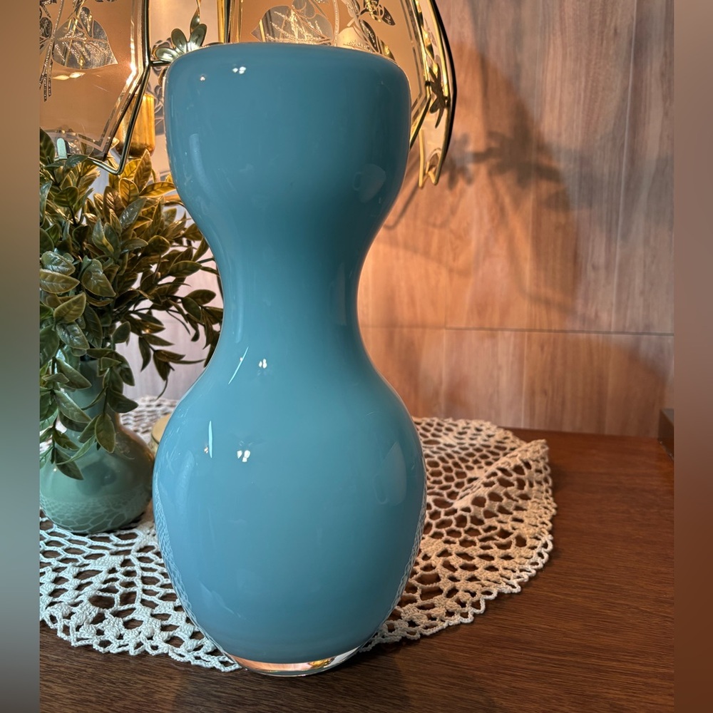 Crate & Barrel Karma Hourglass Shaped Teal Blue Vase Home Accents